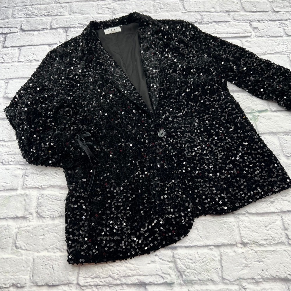 THML Womens Black Sequin Blazer Single Button Cocktail Party Jacket Large